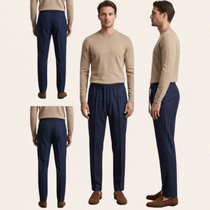 Men's Dri-Fit sports trousers in black, blue, and white colors for gym workouts and activewear fashion.