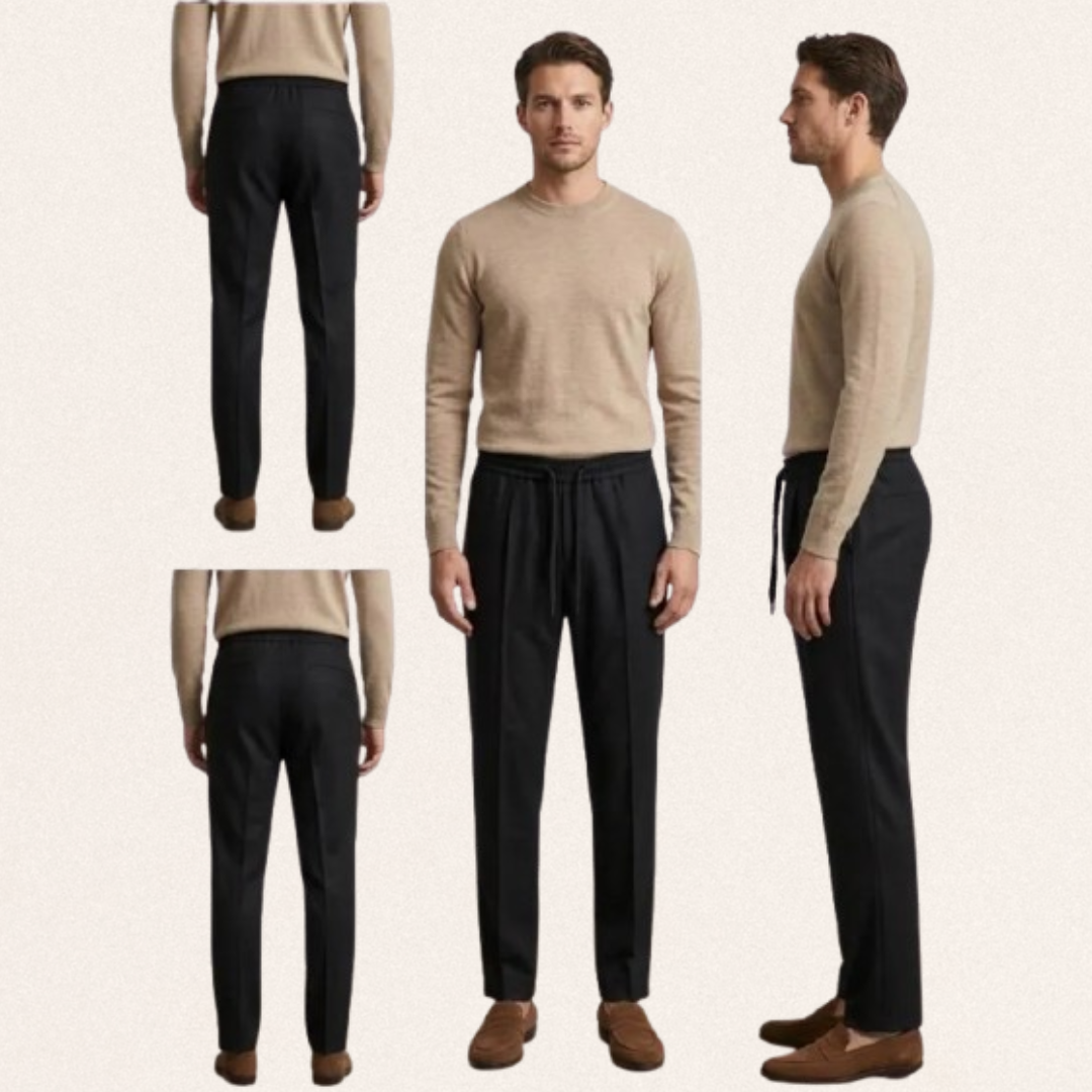 Men's Dri-Fit sports trousers in black, blue, and white colors for gym workouts and activewear fashion.