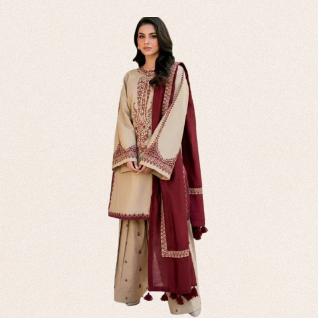 Embroidered ivory maroon 3-piece lawn suit for women with digital print diamond fabric dupatta for wedding party wear.