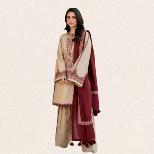 Embroidered ivory maroon 3-piece lawn suit for women with digital print diamond fabric dupatta for wedding party wear.