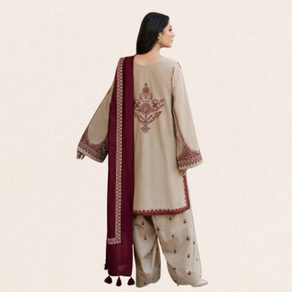 Embroidered ivory maroon 3-piece lawn suit for women with digital print diamond fabric dupatta for wedding party wear.