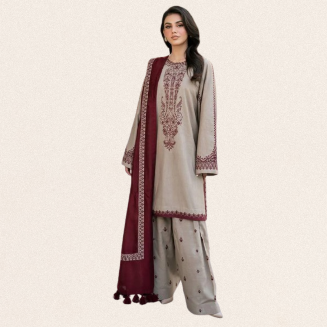 Embroidered ivory maroon 3-piece lawn suit for women with digital print diamond fabric dupatta for wedding party wear.