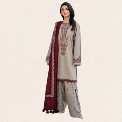 Embroidered ivory maroon 3-piece lawn suit for women with digital print diamond fabric dupatta for wedding party wear.