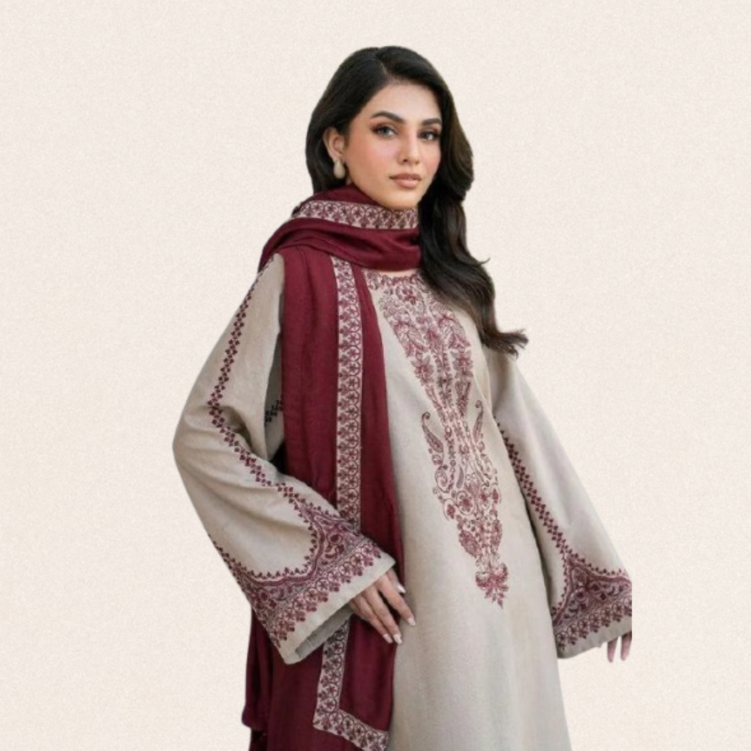 Embroidered ivory maroon 3-piece lawn suit for women with digital print diamond fabric dupatta for wedding party wear.