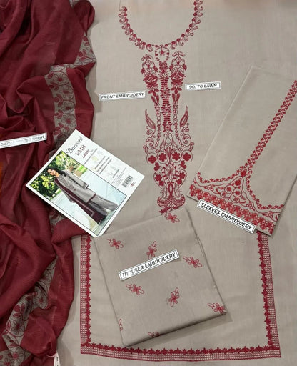 Embroidered ivory maroon 3-piece lawn suit for women with digital print diamond fabric dupatta for wedding party wear.