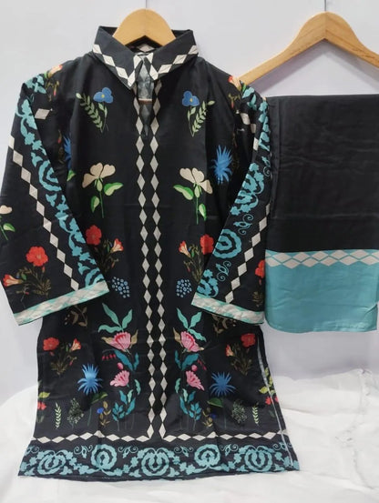 Black digital printed Pakistani kurta set for women in Swiss lawn fabric with embroidered shirt and matching trouser.
