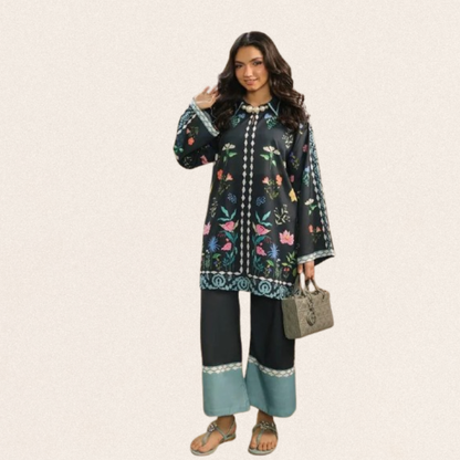 Black digital printed Pakistani kurta set for women in Swiss lawn fabric with embroidered shirt and matching trouser.