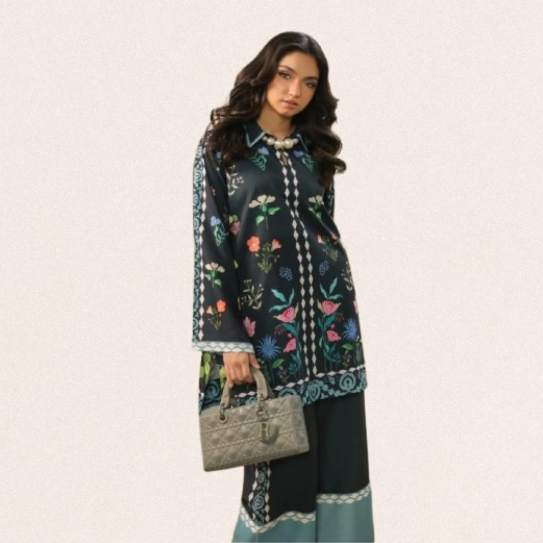 Black digital printed Pakistani kurta set for women in Swiss lawn fabric with embroidered shirt and matching trouser.