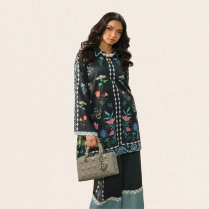 Black digital printed Pakistani kurta set for women in Swiss lawn fabric with embroidered shirt and matching trouser.