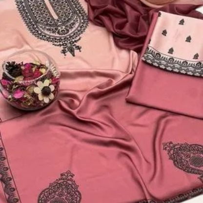 Soft pink unstitched printed silk dress material, perfect for a feminine daily wear or festive look.