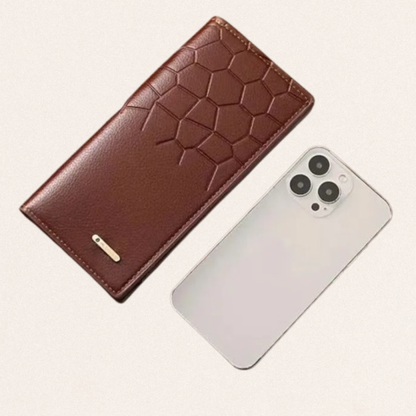 Men's half-crocodile textured leather wallet in brown, black, and dark gray with durable stitching for secure card and cash organization.