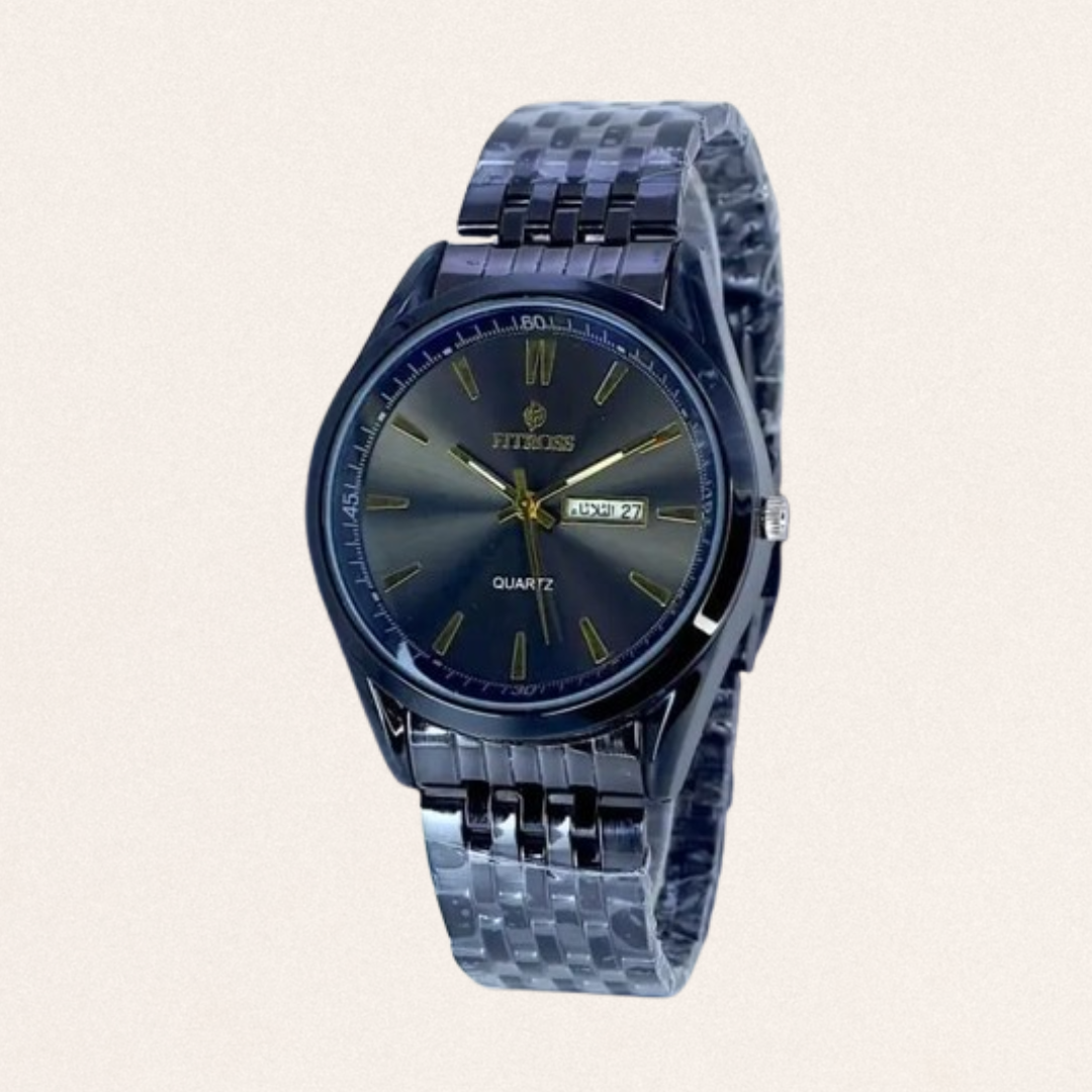 Men's silver steel chain strap watch with working day and date display and round dial for formal business styling.
