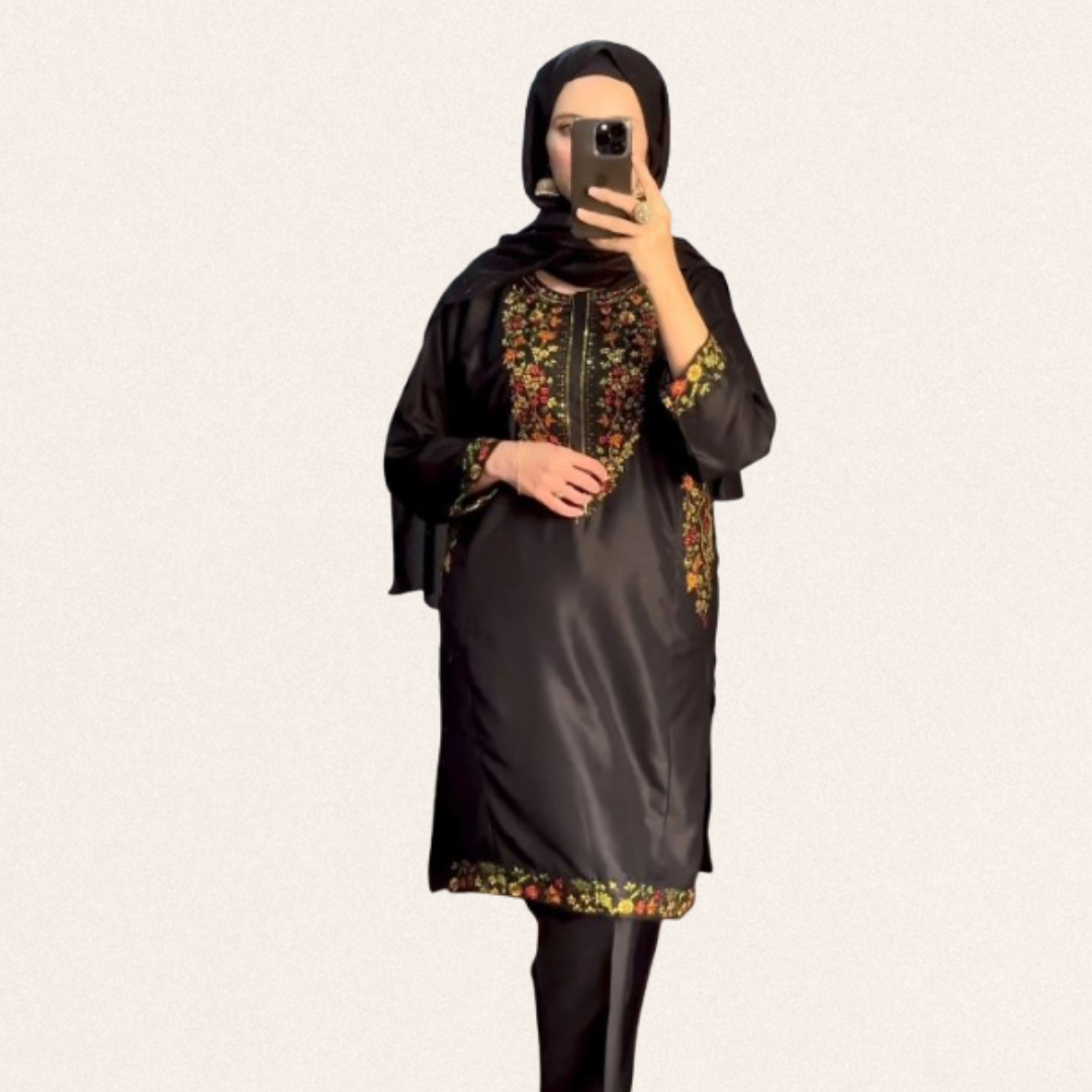 Women’s black embroidered linen 2-piece suit featuring intricate floral embroidery on the neckline, sleeves, and hemline.