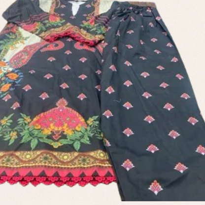 Vibrant digital printed lawn shirt for women with modern floral patterns and matching trousers.