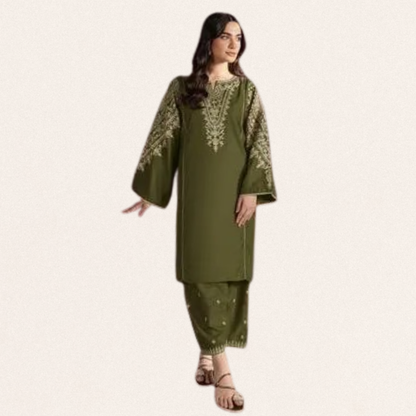 Premium unstitched blue lawn fabric with detailed gold patterns for festive wear.