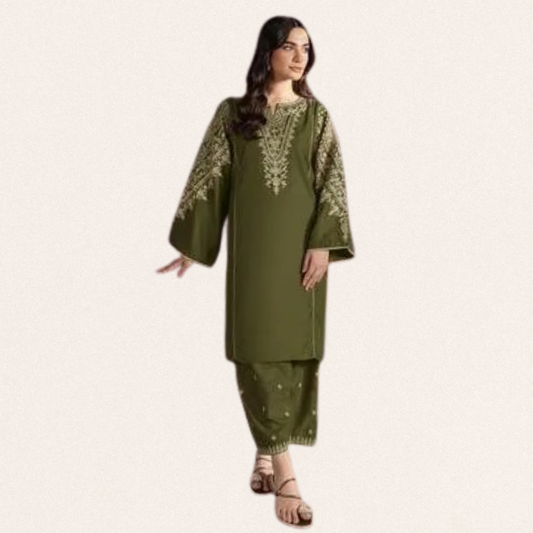 Premium unstitched blue lawn fabric with detailed gold patterns for festive wear.