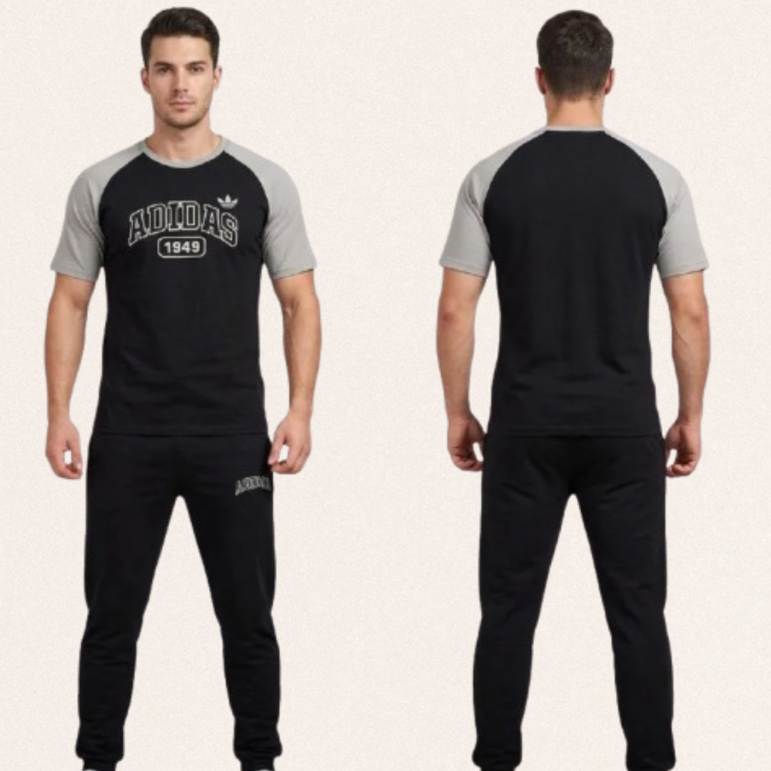 Men's 2-piece blended jersey tracksuit in multiple colors with round neck sweatshirt and matching trousers for activewear and sports.