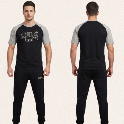 Men's 2-piece blended jersey tracksuit in multiple colors with round neck sweatshirt and matching trousers for activewear and sports.