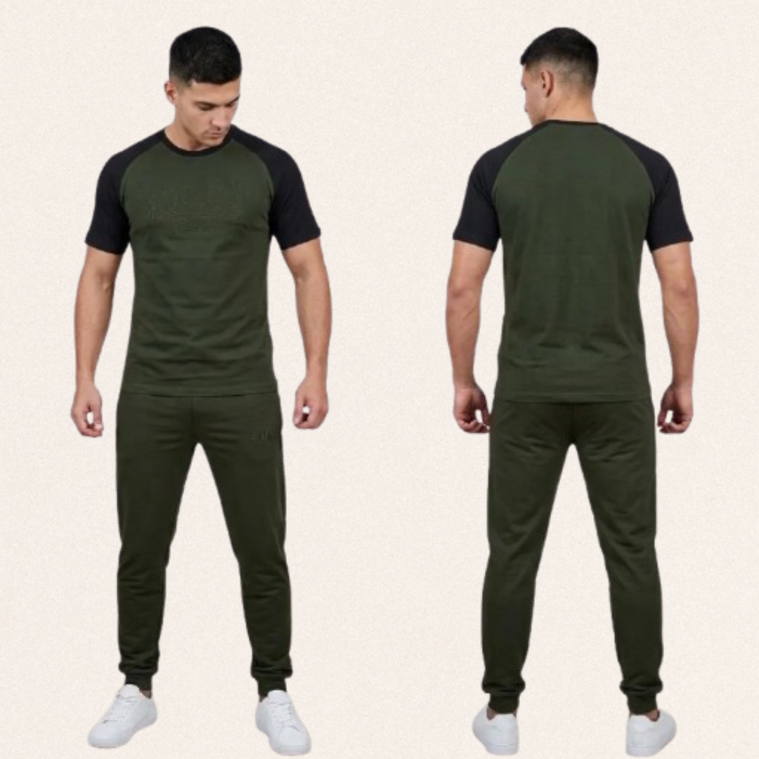 Men's 2-piece blended jersey tracksuit in multiple colors with round neck sweatshirt and matching trousers for activewear and sports.