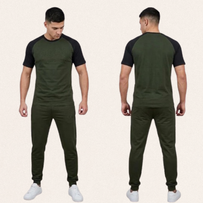 Men's 2-piece blended jersey tracksuit in multiple colors with round neck sweatshirt and matching trousers for activewear and sports.