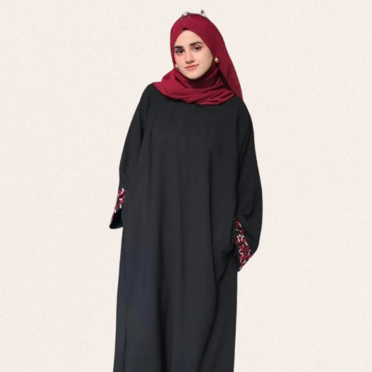 Full-length modest black georgette abaya for women with premium stitching and flowy lightweight fabric for casual and formal wear.