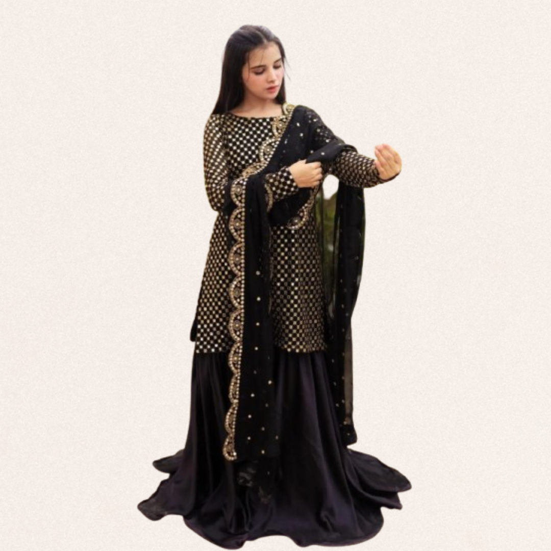 Embroidered chiffon 3-piece suit for women with 9MM sequins work, cut-work chiffon dupatta, and Shamoz silk gharara in multiple colors.