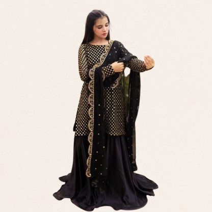 Embroidered chiffon 3-piece suit for women with 9MM sequins work, cut-work chiffon dupatta, and Shamoz silk gharara in multiple colors.