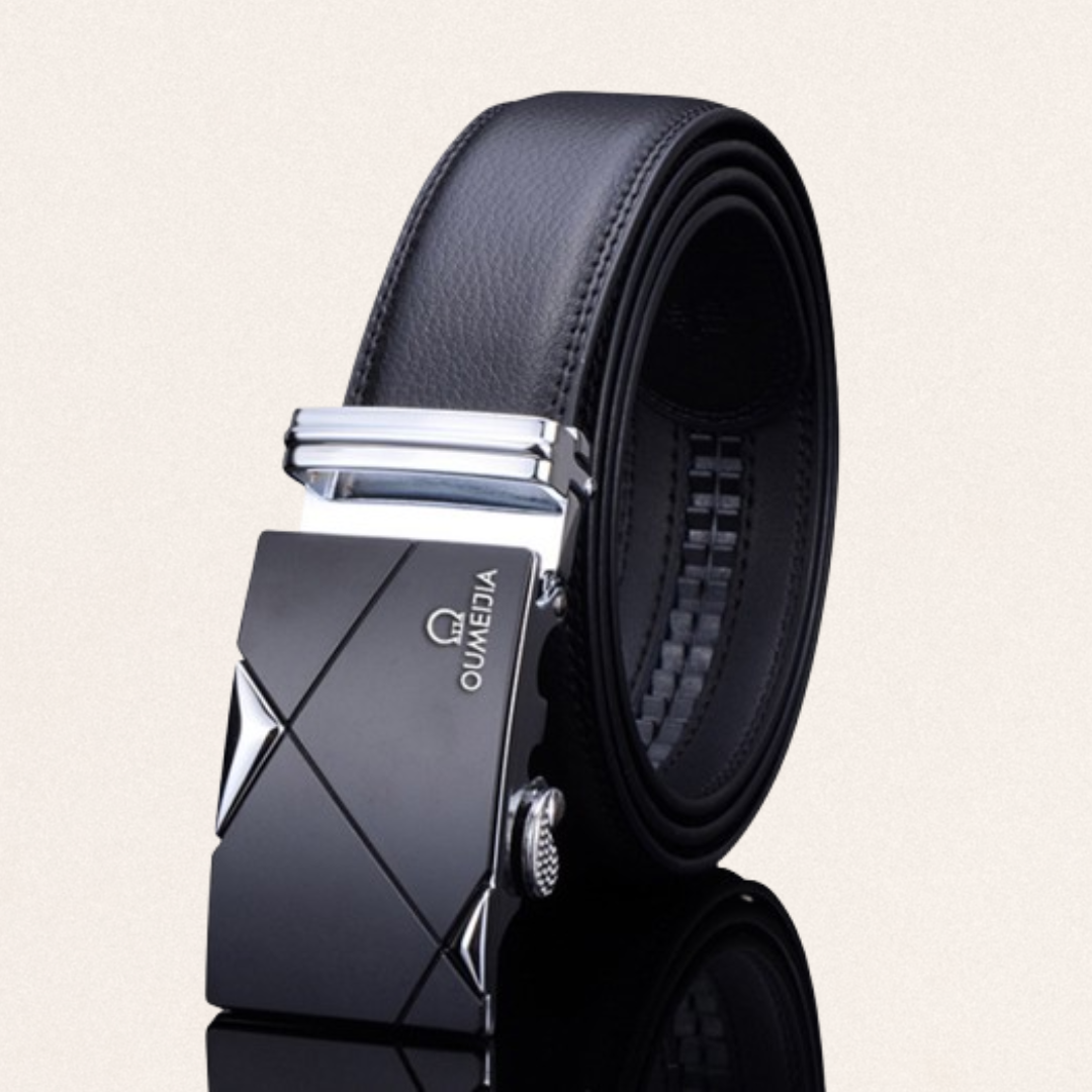 Men's black leather automatic buckle belt made of durable cowhide with gold-toned hardware for professional and wedding attire.