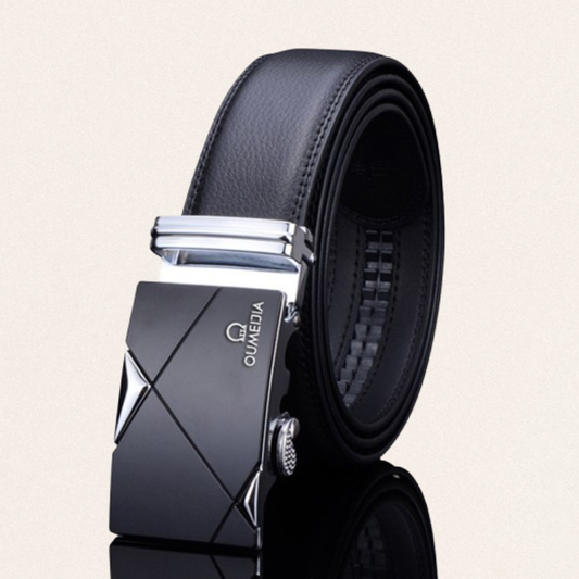 Men's black leather automatic buckle belt made of durable cowhide with gold-toned hardware for professional and wedding attire.
