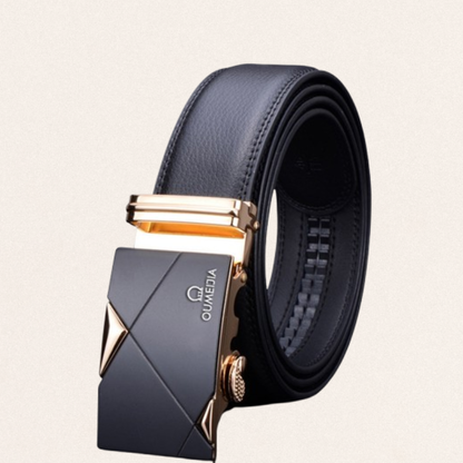 Men's black leather automatic buckle belt made of durable cowhide with gold-toned hardware for professional and wedding attire.