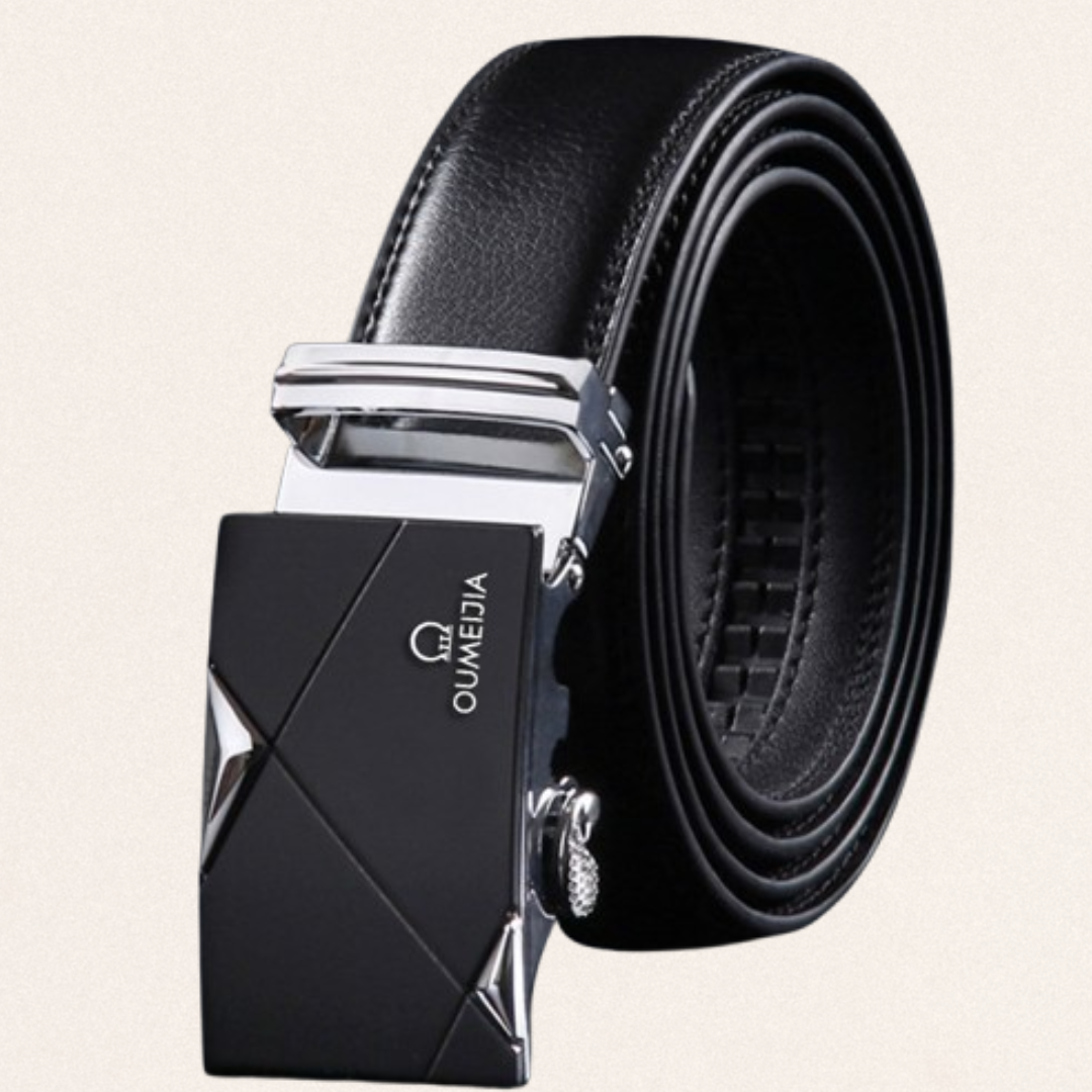 Men's black leather automatic buckle belt made of durable cowhide with gold-toned hardware for professional and wedding attire.