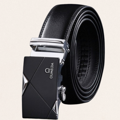 Men's black leather automatic buckle belt made of durable cowhide with gold-toned hardware for professional and wedding attire.