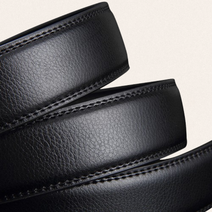 Men's black leather automatic buckle belt made of durable cowhide with gold-toned hardware for professional and wedding attire.