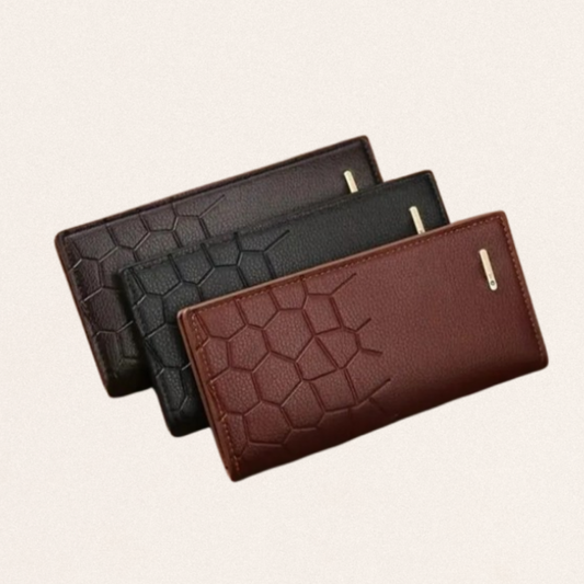 Men's half-crocodile textured leather wallet in brown, black, and dark gray with durable stitching for secure card and cash organization.