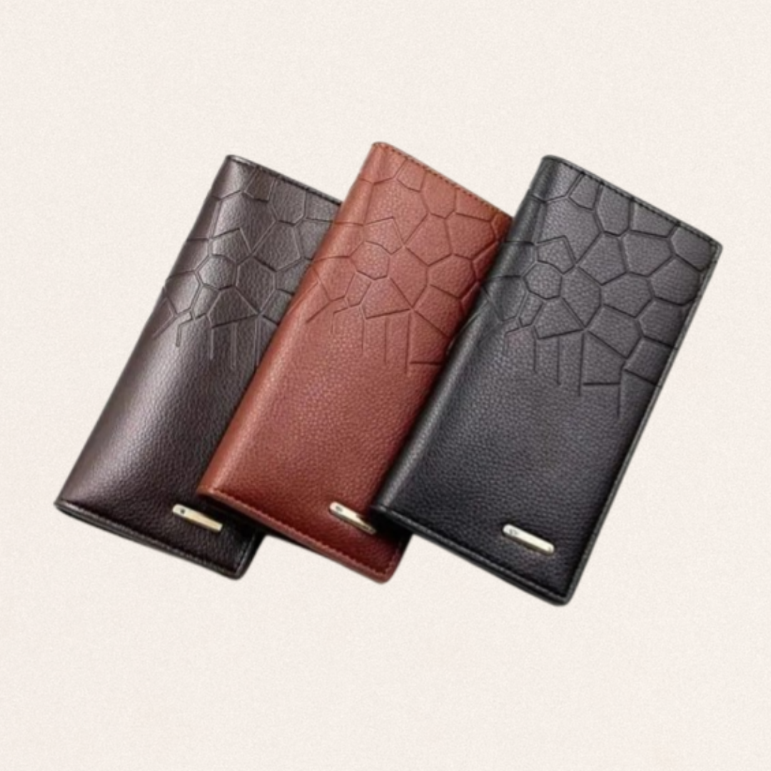 Men's half-crocodile textured leather wallet in brown, black, and dark gray with durable stitching for secure card and cash organization.