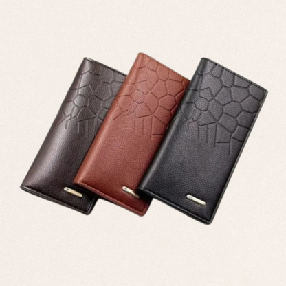 Men's half-crocodile textured leather wallet in brown, black, and dark gray with durable stitching for secure card and cash organization.