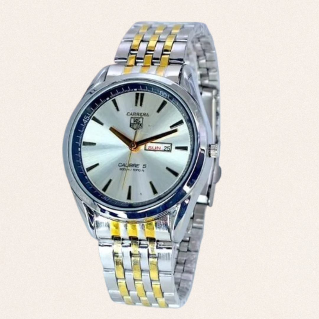 Men's silver steel chain strap watch with working day and date display and round dial for formal business styling.