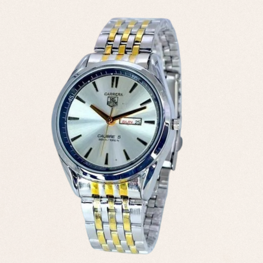 Men's silver steel chain strap watch with working day and date display and round dial for formal business styling.