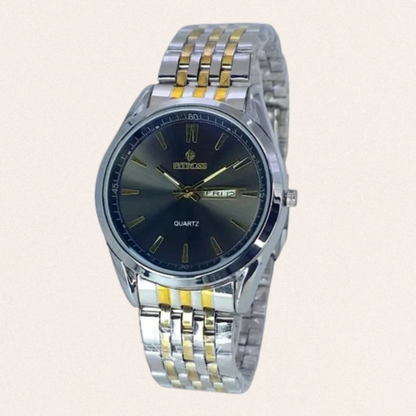 Men's silver steel chain strap watch with working day and date display and round dial for formal business styling.