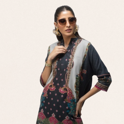 Vibrant digital printed lawn shirt for women with modern floral patterns and matching trousers.