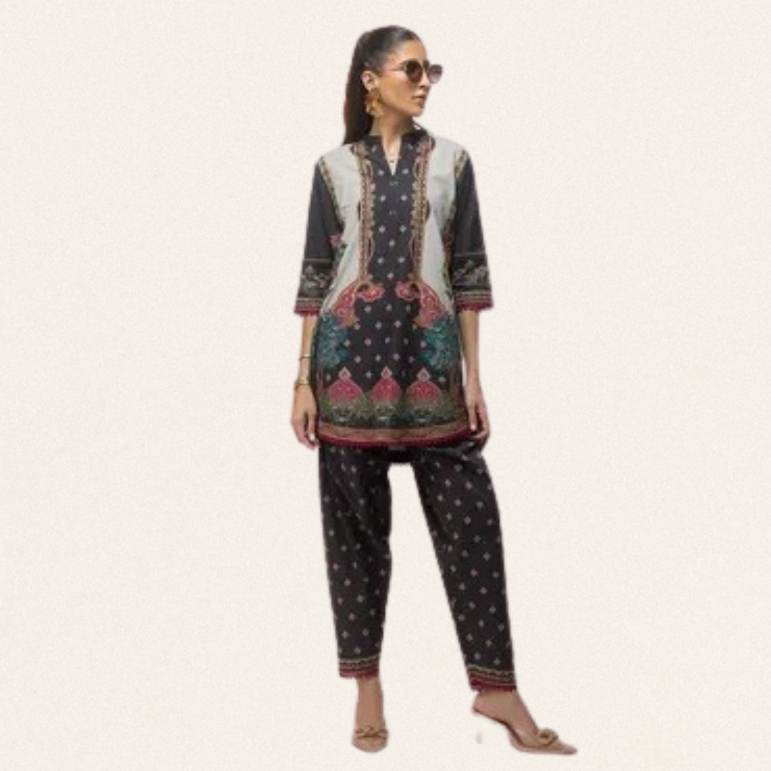 Vibrant digital printed lawn shirt for women with modern floral patterns and matching trousers.