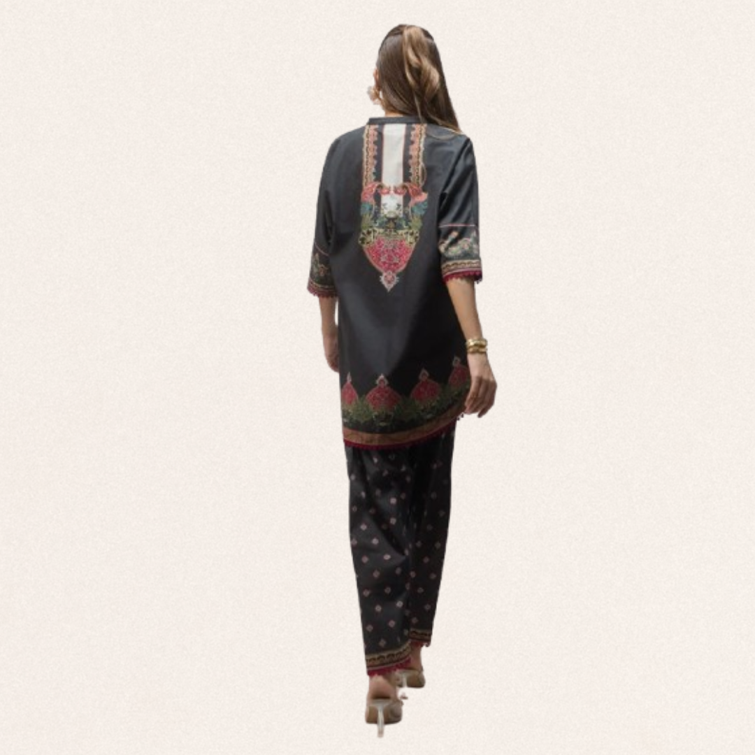 Vibrant digital printed lawn shirt for women with modern floral patterns and matching trousers.