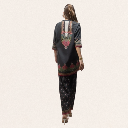 Vibrant digital printed lawn shirt for women with modern floral patterns and matching trousers.