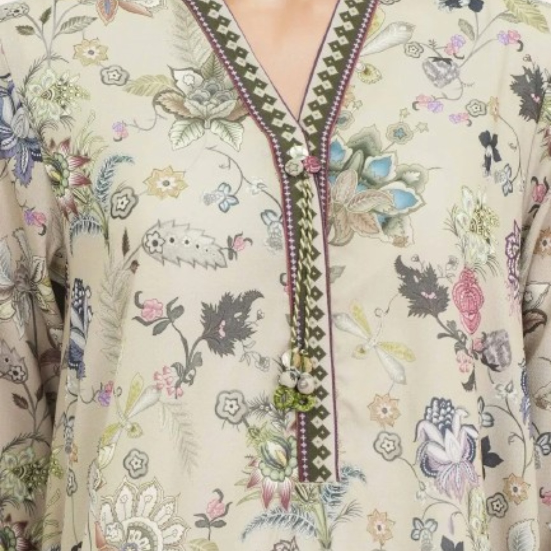 Close-up of premium quality digital print on breathable summer lawn fabric showing intricate design details.