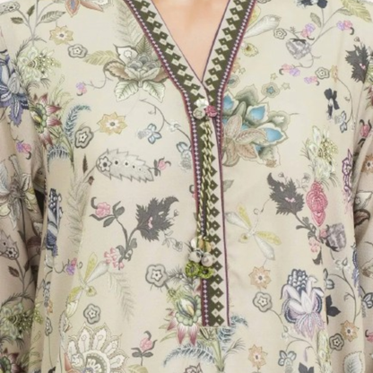Close-up of premium quality digital print on breathable summer lawn fabric showing intricate design details.