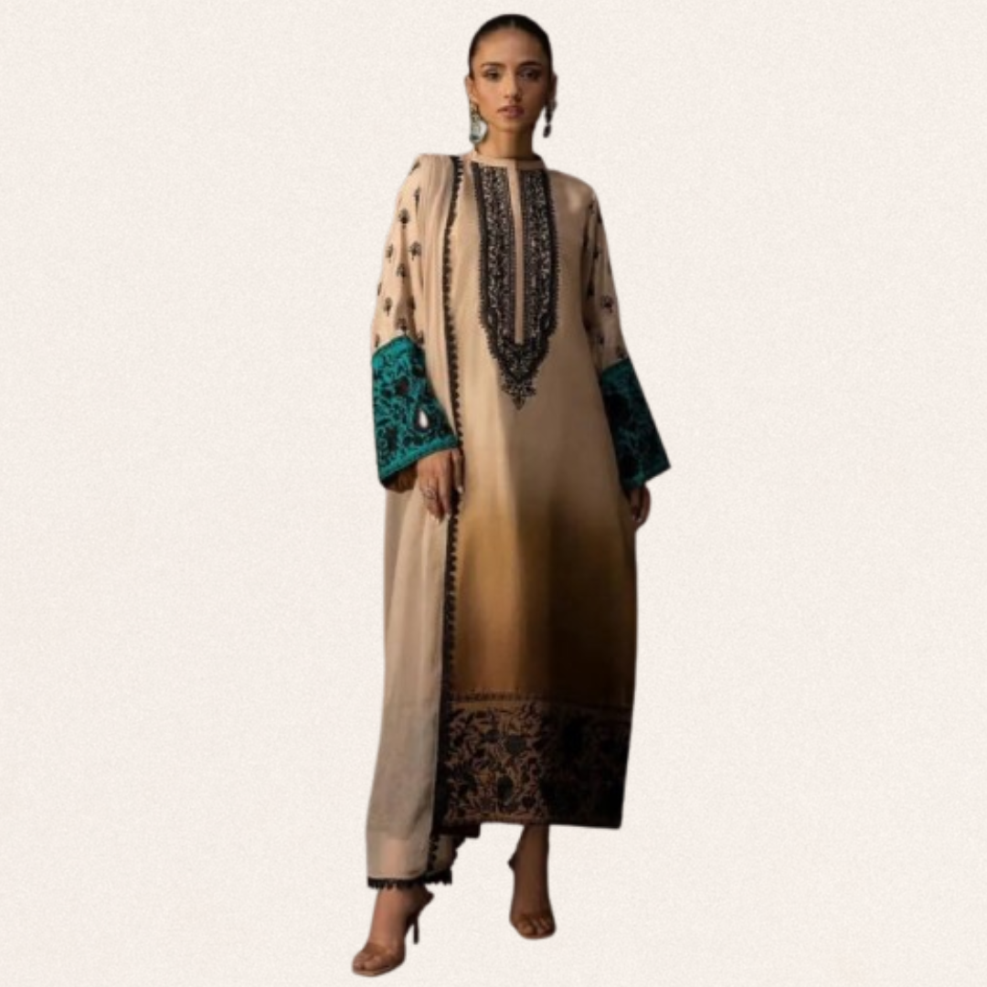 Unstitched beige printed silk suit fabric for weddings with delicate patterns.