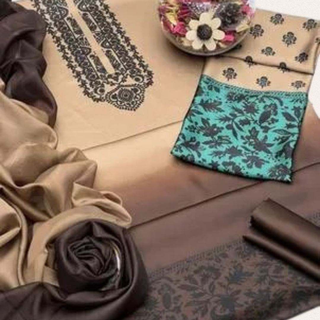 Unstitched beige printed silk suit fabric for weddings with delicate patterns.
