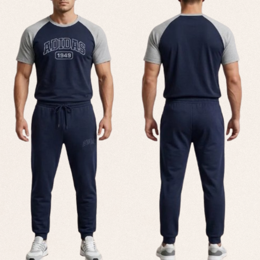 Men's 2-piece blended jersey tracksuit in multiple colors with round neck sweatshirt and matching trousers for activewear and sports.