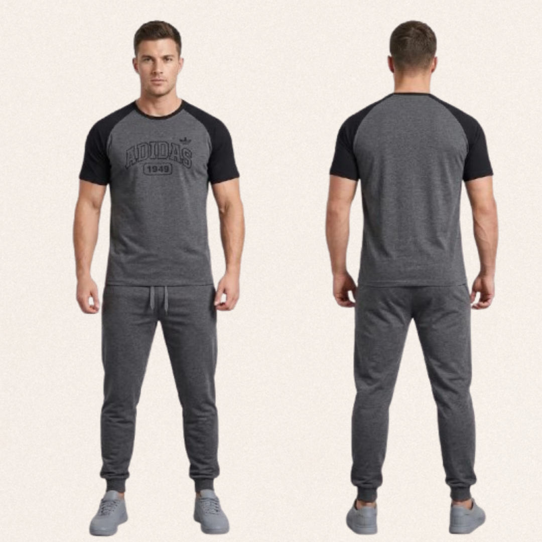Men's 2-piece blended jersey tracksuit in multiple colors with round neck sweatshirt and matching trousers for activewear and sports.