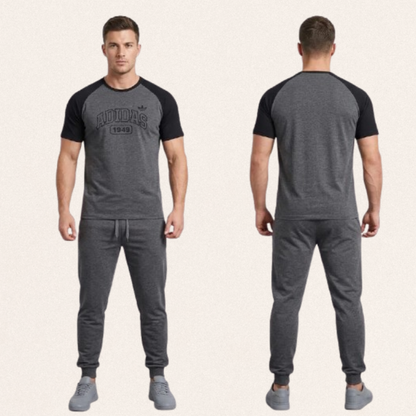 Men's 2-piece blended jersey tracksuit in multiple colors with round neck sweatshirt and matching trousers for activewear and sports.